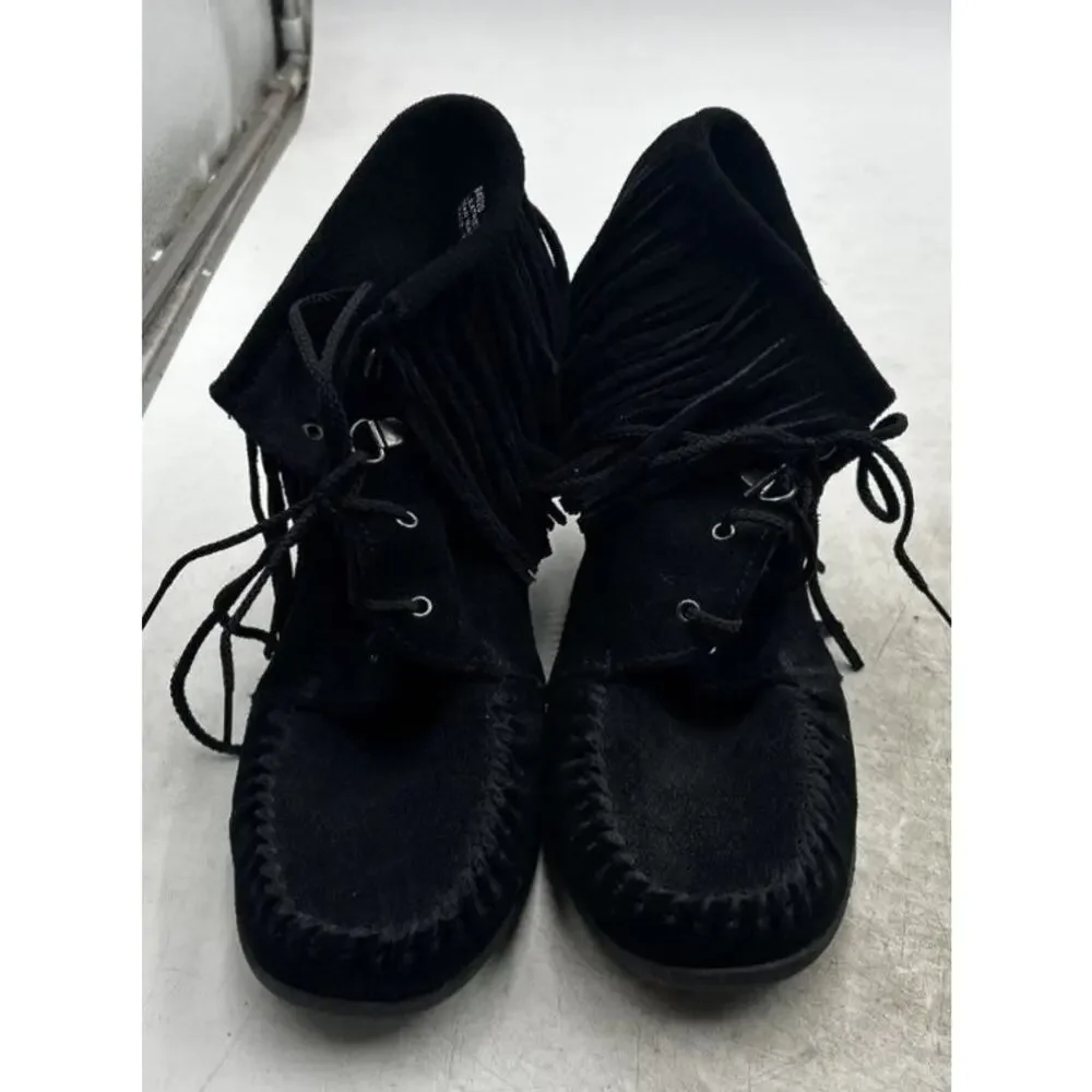MINNETONKA Womens Black Suede Fringe WEDGE Booties Size 8.5 LACE Up